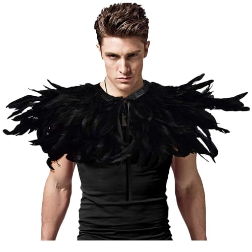 L'VOW Herren Schwarz Federn Gothic Natürliche Feder Schal Halloween Feder Umhang Fasching Kostüm(A-Black-2) von L'VOW