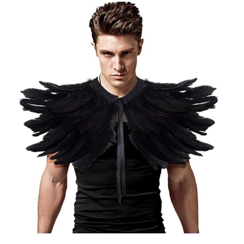 L'VOW Herren Schwarz Federn Gothic Natürliche Feder Schal Halloween Feder Umhang Fasching Kostüm(B-Black-3) von L'VOW