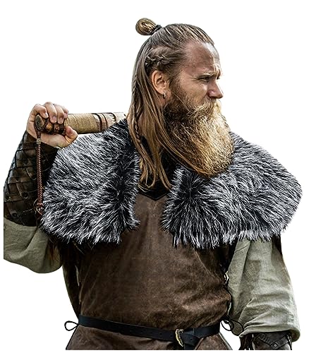 L'VOW Herren Wikinger Kunstpelz Kragen Mittelalterliche Umhang König Krieger Capelet Schal LARP Cosplay Kunstfell Kostüm Accessoire(Dunkelgrau) von L'VOW