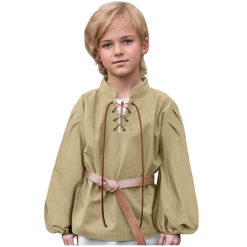 L'VOW Mittelalterliches Jungenhemd Renaissance Kinder Schnür-Piratenhemden Retro Wikinger Cowboy Koloniales Kostüm Oberteil (Khaki, 6-8 Jahre) von L'VOW