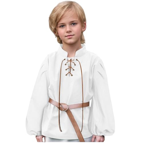 L'VOW Mittelalterliches Jungenhemd Renaissance Kinder Schnür-Piratenhemden Vintage Wikinger Koloniales Kostüm Oberteil (Weiß, 8-10 Jahre) von L'VOW