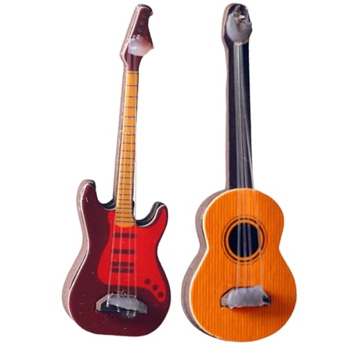 2 PCs hölzerne Miniaturgitarre, Mini -Gitarrenpuppenhaus -Instrumente, Puppenhausgitarrendekor Plastik Mini E -Gitarren -Musikinstrument, Puppenhauszubehör von LAANCOO