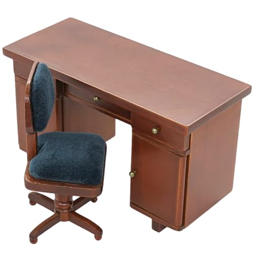 Dollhouse Tisch, 1/12 Skala Dollhouse Tisch und Stuhl Holz Puppenhausmöbel Set Retro Miniatur Office Desk Chair für Dollhouse -Szene von LAANCOO