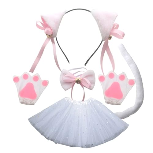 LAANCOO 1 Set -Katzenkostüm für Kinder Mädchen, weißes Katzenkostüm, einschließlich Ohren, Schwanz, Bowtie, Rock und Handschuhen, für Ankleide, Halloween, durchschnittliche Größe von LAANCOO