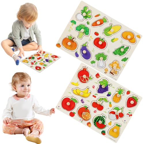 LAANCOO 2pcs hölzerne Peg-Rätsel, farbenfrohe Frucht- und Gemüsestile Peg-Rätsel, Montessori-inspirierte pädagogische hölzerne Rätsel Matching Game für Alter 3-7 Jahre altes Kind von LAANCOO