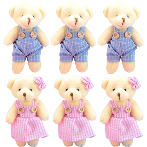 LAANCOO 6pcs Teddybärenschlüsselkette, niedlicher Bärenschlüsselkette mit Kleidung, tragbarer gefüllter Tierschlüsselkette für Kinder, Baby, Paar Bärenspielzeug für Valentine von LAANCOO