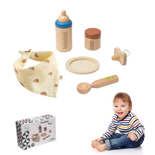 LAANCOO Babypuppen -Fütterungsset realistische hölzerne Babypuppen -Fütterungszubehör mit Löffel, Abschnittschild, Milchflasche, Babypuppenzubehör von LAANCOO