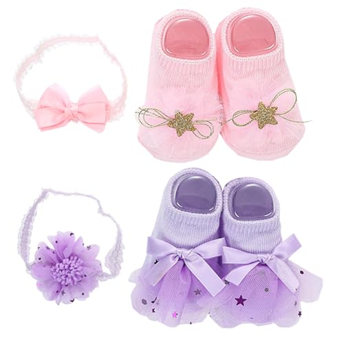 LAANCOO Babypuppenzubehör, Accessoires 2 Sets passen die meisten Babypuppenzubehör 2 Baby Bögen Stirnband ＆ 2 Paar Socken Weiche Baumwollkleidung Set Geschenke für Mädchen, Puppenkleidung von LAANCOO