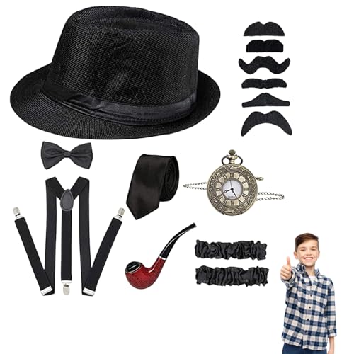 LAANCOO Fedora Hüte für Kinder, Gangster Kostümkinder, 1820er Kostüm für Kinder umfassen Fedora Hut, Krawatte, Bogen, Hülls von LAANCOO