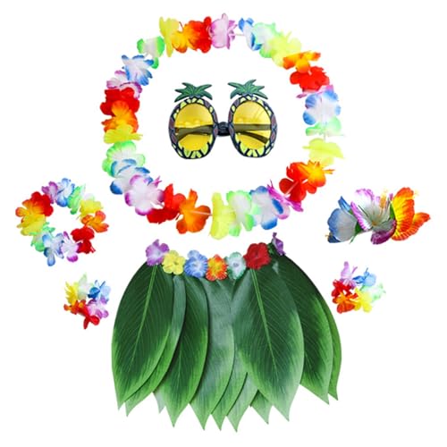 LAANCOO Hula Rock,7Pcs Hula Blatt Rock mit Blumen Leis, Hawaii Gras Rock mit Ananas Sonnenbrille, Haarspange, Halskette, Haarband und Armband, Luau Outfits für Frauen, Mädchen von LAANCOO