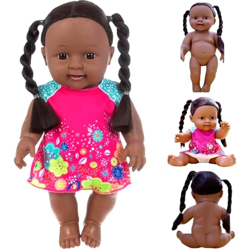 LAANCOO Schwarze Babypuppen, 12 Zoll Amerikaner Afrikaner realistischer Babypuppen mit Kleid, beweglicher Gelenk und doppelter Pferdeschwanzgeflecht dunkle Haut Babypuppe für Kindergeschenke von LAANCOO