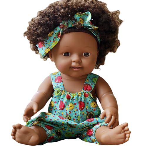 Schwarze Babypuppen, 12 Zoll Amerikaner Afrika Realistische Babypuppe mit Kleid, beweglicher Gelenk und lockige Haare weiche Waschmaschine Dark Skin Babypuppe für Kindergeschenke, realistische Baby von LAANCOO