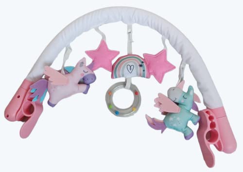 LADIDA Baby-Aktivitätsspielbogen mit Universalbeschlägen für Kinderwagen, Kinderwagen, Buggy, Autositz, geeignet ab der Geburt, rosa Mädchen-Einhorn-Thema 176 von LADIDA