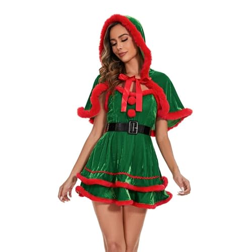 LAEMILIA Miss Santa Kostüm Erwachsene Frau Claus Outfit für Frauen Elf Dress Up Weiblicher Weihnachtsmannanzug Damen Xmas Verkleidung Weihnachten Kapuzenumhang Nikolausmütze Minikleid 3 Arten M-XL von LAEMILIA