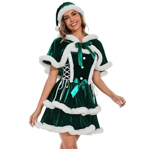 LAEMILIA Miss Santa Kostüm Erwachsene Frau Claus Outfit für Frauen Elf Dress Up Weiblicher Weihnachtsmannanzug Damen Xmas Verkleidung Weihnachten Kapuzenumhang Nikolausmütze Minikleid 3 Arten M-XL von LAEMILIA