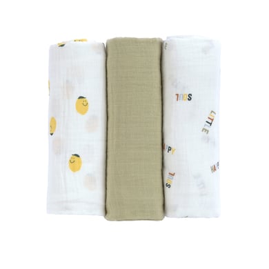 LÄSSIG Swaddle & Burp 3er-Pack Mulltücher L Happy Furits Lemon von LÄSSIG