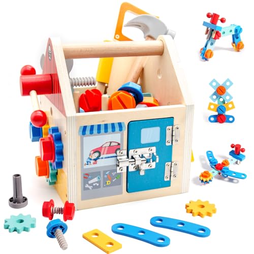 Werkzeugkoffer Kinder Werkbank, Handheld Kinder Puzzle Spielzeug Werkbank, Kinderwerkzeug Montessori Holzspielzeug, Geschenk Junge Mädchen Werkzeug Motorik Lernspiele 2 3 4 Jahre von LAIKEUP