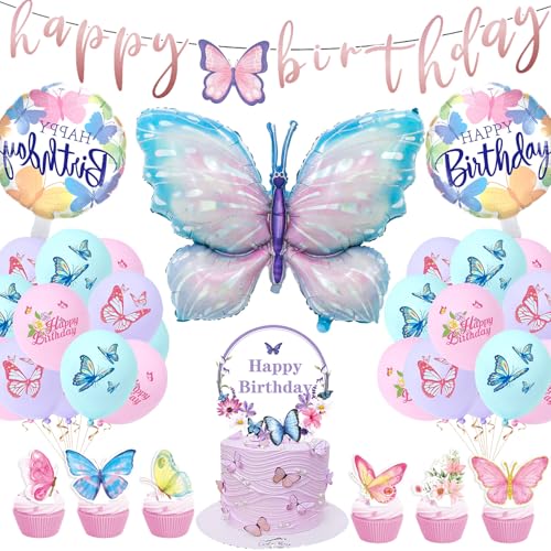 Schmetterling Geburtstag Deko, Schmetterling Thema Geburtstag Party Zubehör Mit Happy Birthday Banner Set, Kuchen Toppers und Ballons für Schmetterling Deko Kindergeburtstag Babyparty von LAISLLA