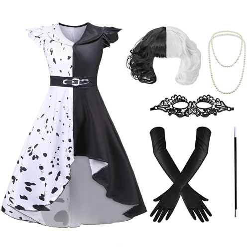 LAKCFSN Evil Lady Dress Cardigan Cosplay Kostüm Cruella Kostüm, Zubehör für 70er Jahre Karneval Halloween Party für Damen, Kleid + Perücke + Handschuhe + Spitze Maske (Weiß und Schwarz, 130) von LAKCFSN
