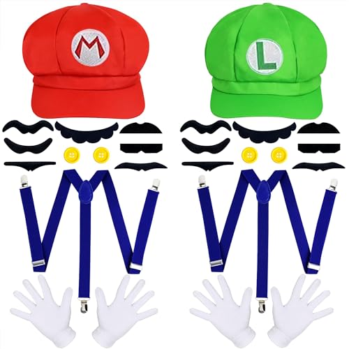 LAKCFSN Mario Luigi Super Bros Costume Set Costume Halloween Carnival Cosplay Fancy Dress for Women Men Child with Accessories Hat Gloves Beard Yellow Button (red and green hat, S) von LAKCFSN