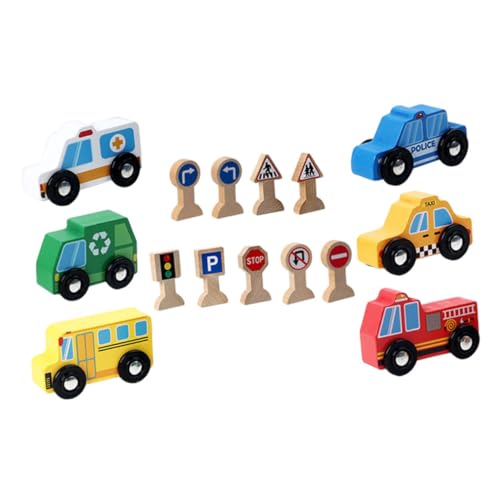 LALADEFIEE 1 Satz Kinderfahrzeug Aus Holz Holzspielzeug Für Kinder Auto Spielzeug Automodelle Aus Holz Kognitives Autospielzeug Für Kinder Holzauto Mit Verkehrsschild Holzfahrzeuge Hölzern von LALADEFIEE