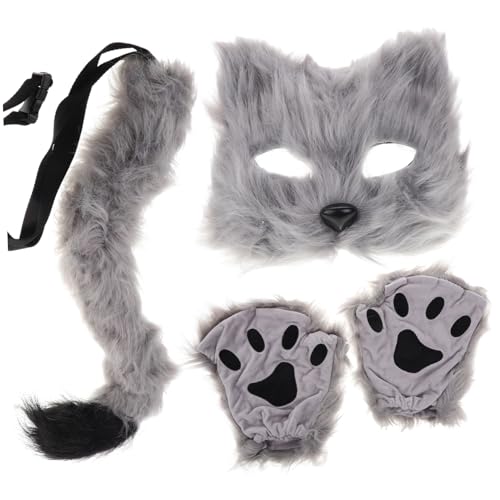 LALADEFIEE Halloween-Maske schwarze katze kostüm cosplay Plüsch-Katzenmaske -Kunstfell Tiermasken Maskenball Plüsch Maske Wolf Kostümzubehör -Fuchsschwanz Kunstpelz Grey von LALADEFIEE