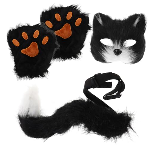 LALADEFIEE Halloween-maske Tierkostüm Fuchsmaske Pelziges Katzenkostüm Kostüm Maske Grauer Wolfsschwanz Karnevalsmaske Wolf Kostümzubehör Tierische Maske Katzenmaske Frackkostüm Kunstpelz von LALADEFIEE