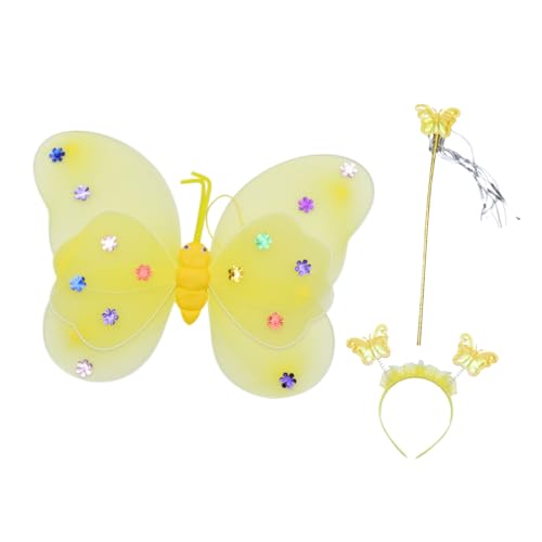 LALADEFIEE Schmetterlingsflügel Schmetterlingsfeenflügel Schmetterlings-stirnband Für Kinder Schmetterlingskostüm Für Kinder Schmetterling Kostüm Kinder Flügel Kostüm Yellow Stoff von LALADEFIEE