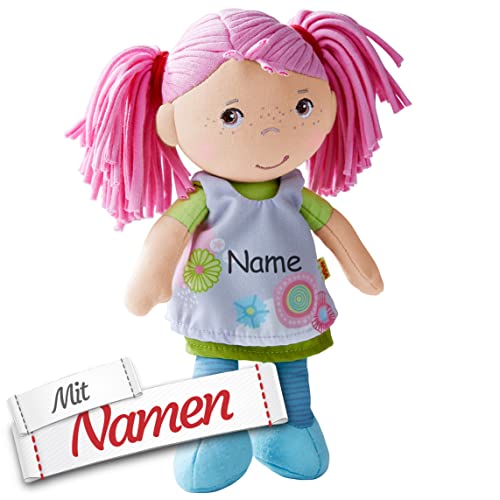 HABA Stoffpuppe Beatrice mit Namen Bestickt, Erste Baby Puppe zum kuscheln, Pinke Haare, Weiche Mädchen Kuschelpuppe, Kinder Geschenk-Idee Babypuppe als Taufgeschenk von LALALO