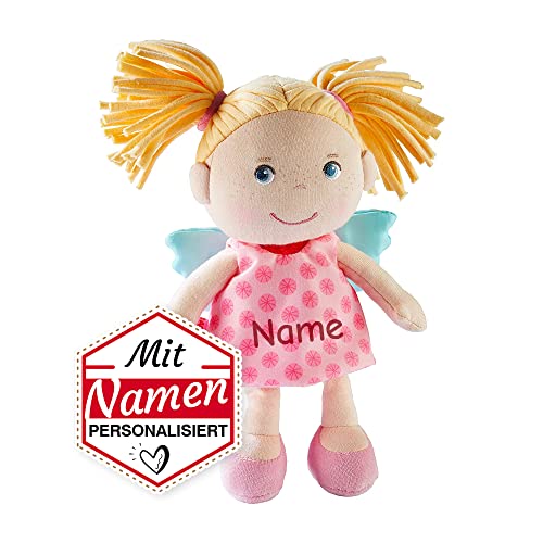 HABA Stoffpuppe Schutzengel Finja mit Namen Bestickt, Glücksbringer, weiche Erste Baby Puppe mit Flügeln, ab 1 Jahr Kuschelpuppe Taufgeschenk, Kuschelpuppe 304103 von LALALO