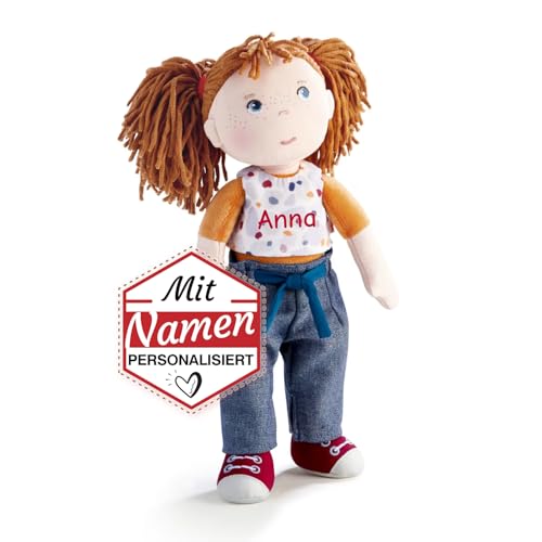 HABA Stoffpuppe mit Namen personalisiert/Bestickt, Erste Baby Puppe für Mädchen, Weiche Kuschelpuppe als Taufgeschenk, Kinder Geschenk-Idee Babypuppe (Braunes Haar) von LALALO