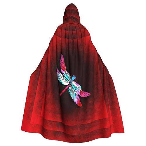 LAMAME Libelle auf rotem Hintergrund, bedruckt, unisex, mit Kapuze, Halloween-Umhang, langer Umhang, Robe, Halloween, Weihnachtskostüm von LAMAME