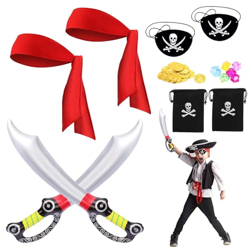 LAMEK 10 Tlg Piraten Kostüm Kinder Pirat Accessoires mit Kopftücher Augenklappe Piratensäbel Münztasche Goldmünze Piratenkostüm Zubehör Partyskostüm für Party Karneval Halloween Cosplay Mottoparty von LAMEK