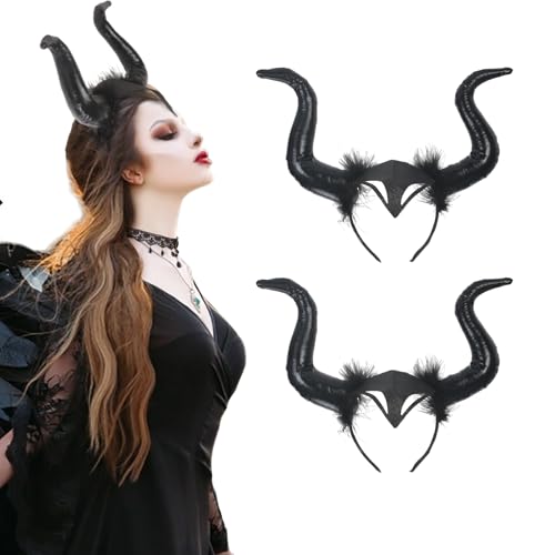 LAMEK 2 Pcs Königin Hörner Kopfschmuck Horn Kopfbedeckung Damen Halloween Haareif Teufelhörner Kostüm Böse Stirnband Schwarz Haarband für Karneval Maskerade Cosplay von LAMEK