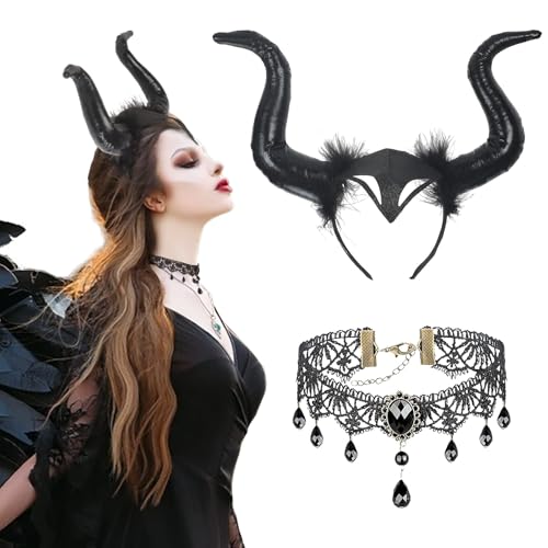 LAMEK 2 Pcs Königin Hörner Kopfschmuck Horn Kopfbedeckung Damen Halloween Haareif mit Gothic Retro Spitzenhalskette Straßenkarneval Kostüm Böse Stirnband Cosplay Haarband für Karneval Maskerade von LAMEK