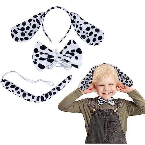 LAMEK 3TLG Dalmatiner Kostüm Set Puppy Haarreif mit Ohren Schwanz Fliege Hund Ohr Stirnband Spotty Welpen Cosplay Party Zubehör für Erwachsene Kinder Karneval Halloween Maskerade Kindergeburtstag von LAMEK