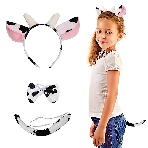 LAMEK 3TLG Kuh Kostüm Set Tier Haarreif mit Ohren Schwanz Fliege Kuhohren Stirnband Cosplay Party Zubehör für Kinder Erwachsene Karneval Halloween Maskerade Kindergeburtstag von LAMEK