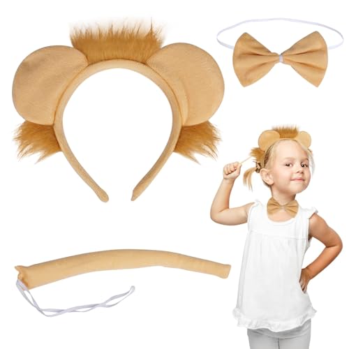 LAMEK 3TLG Löwe Kostüm Set Tier Haarreif mit Ohren Schwanz Fliege Löweohren Stirnband Cosplay Straßenkarneval Party Zubehör für Erwachsene Kinder Karneval Halloween Maskerade Kindergeburtstag von LAMEK