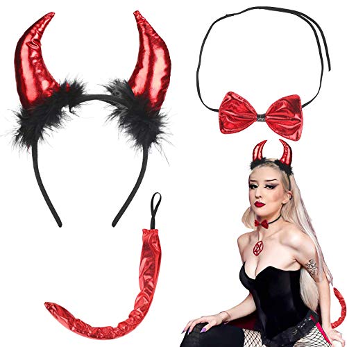 LAMEK 3TLG Teufelshörner Kostüm Set Teufel Hörner Haarreif Teufelsohren Strinband mit Fliege Teufelsschwanz Devil Horn Headband Halloween Party Zubehör für Erwachsene Damen Karneval Cosplay Maskerade von LAMEK