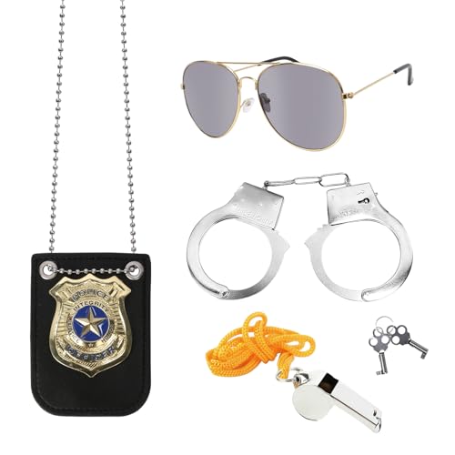 LAMEK 4 TLG Polizei Kostüm Kinder Polizei Accessoires mit Handschellen Polizeiabzeichen Sonnenbrille Trillerpfeife Cool Kostüm Zubehör FBI Partyskostüm für Party Karneval Halloween Cosplay Mottoparty von LAMEK