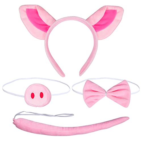 LAMEK 4TLG Schweine Kostüm Set Tier Haarreif mit Ohren Schwanz Fliege Nase Schweineohren Stirnband Cosplay Party Zubehör für Erwachsene Kinder Karneval Halloween Maskerade Kindergeburtstag von LAMEK