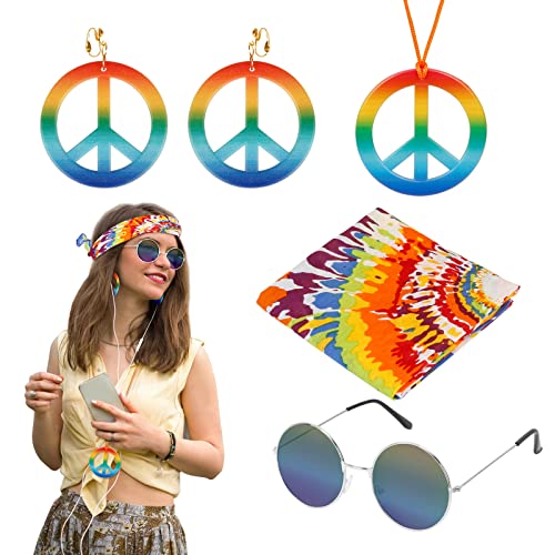 LAMEK 5 TLG Hippie Kostüm Set Hippie Accessoires 60er 70er Zubehör Vintage Kostümzubehör mit Brille Stirnband Halskette Ohrringe für Herren Damen Disco Polterabende Kostümpartys Karneval Halloween von LAMEK