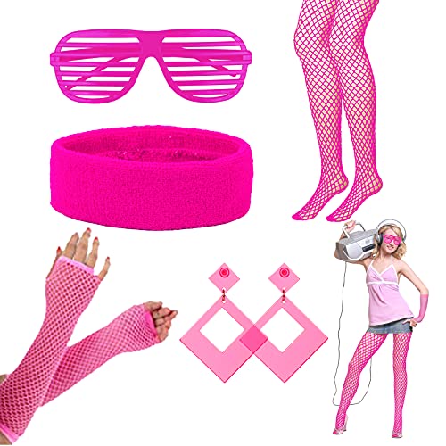 LAMEK 5 TLG 80er Jahre Kleidung Damen Neon Party Outfit 1980s Accessoires 80s Kostüm Set Partyzubehör mit Strinband Ohrring Brille Netzstrumpf Netzhandschuhe für Frauen Karneval Flasching von LAMEK