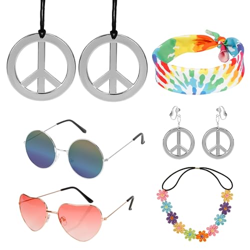 LAMEK 7Pcs Hippie Accessoires Set Hippie Kostüm 60er 70er Zubehör Retro Disco Kostümzubehör mit Brille Halskette Stirnband Ohrringe für Herren Damen Kostümparty Karneval Halloween von LAMEK