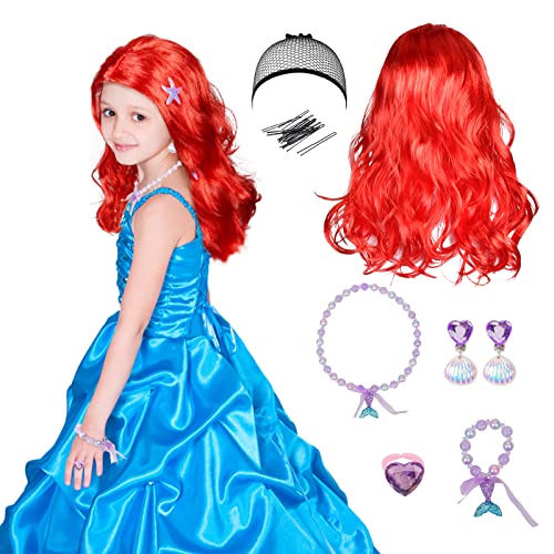 LAMEK 7TLG Meerjungfrau Kostüm Mädchen mit Haarreif Schmuck Rote Perücke Meerjungfrau Accessoires Cosplay Party Zubehör für Erwachsene Kinder Kindergeburtstag Karneval Halloween Maskerade von LAMEK