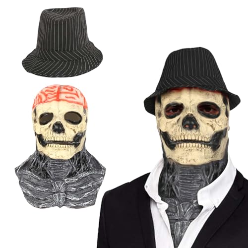 LAMEK Halloween Gruselmaske Horror Maske Vollmaske Schädel Totenkopfmasken Gruselige Zombie Schädelmaske 3D Skelett Maske Skull Kopfbedeckung mit Schwarzer Hut für Halloween Cosplay Karneval von LAMEK