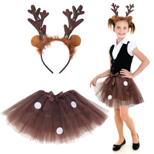 LAMEK Rentier Kostüm Set Weihnachtsrentier Kostüm mit Geweih Haarreif Reh Tüllrock Weihnachtskostüm Kinder Weihnachten Party Accessoires für Weihnachten Cosplay Fasching Kostümparty von LAMEK