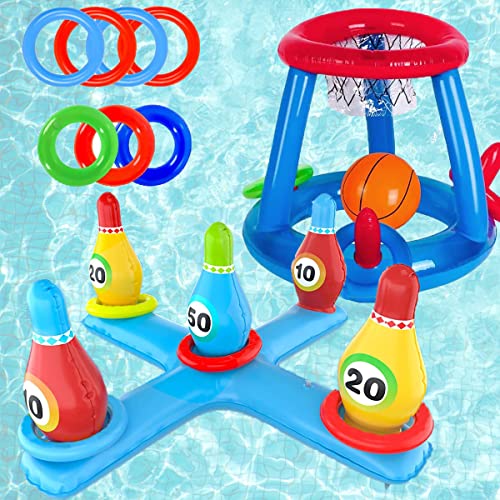 LAMOOER Aufblasbares Pool-Basketball-Spielzeug, Bowling-Kreuz-Wurf-Set, schwimmender Schwimmring und Strandball-Wurfspiele, Sommerparty, lustige Gefälligkeiten, Wasserschlachtspiel für Kinder und von LAMOOER