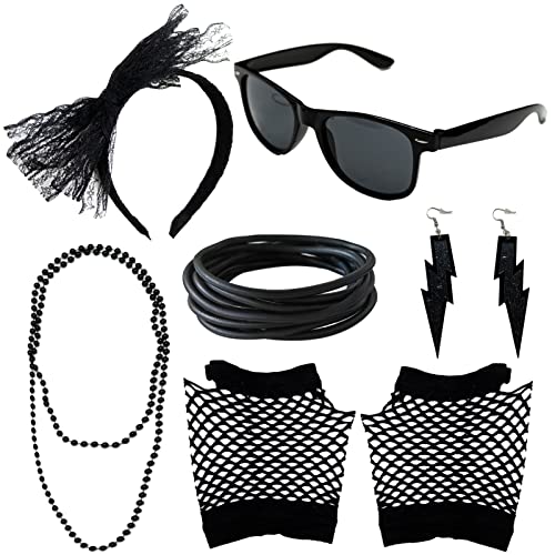 LAMXD 80er Jahre Zubehör 80er Jahre Kostüm Zubehör Fasching Zubehör Set Spitze Stirnband Brille Silikon Armbänder Fischnetz Handschuhe Neon Ohrringe für 80er Jahre Retro Party von LAMXD