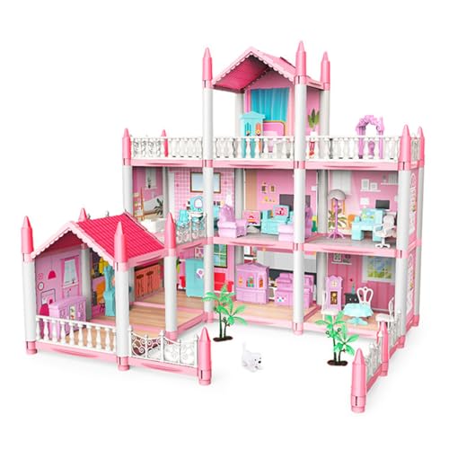 LANGWEI 7 Room,Puppenhaus, DIY Zusammenbau Villa Haus 3D Traumgeschenk Prinzessin Puppenhaus Spielset Mit Möbeln, Rosa Kleinkinderhaus Geschenk Für Mädchen Spielzeug von LANGWEI